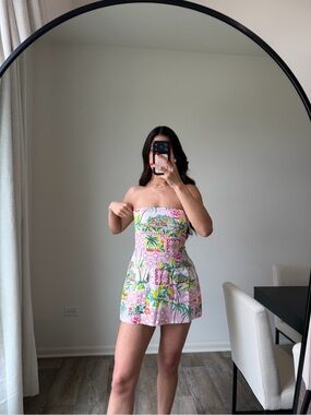 These three Strapless Pink Tropical Print dress